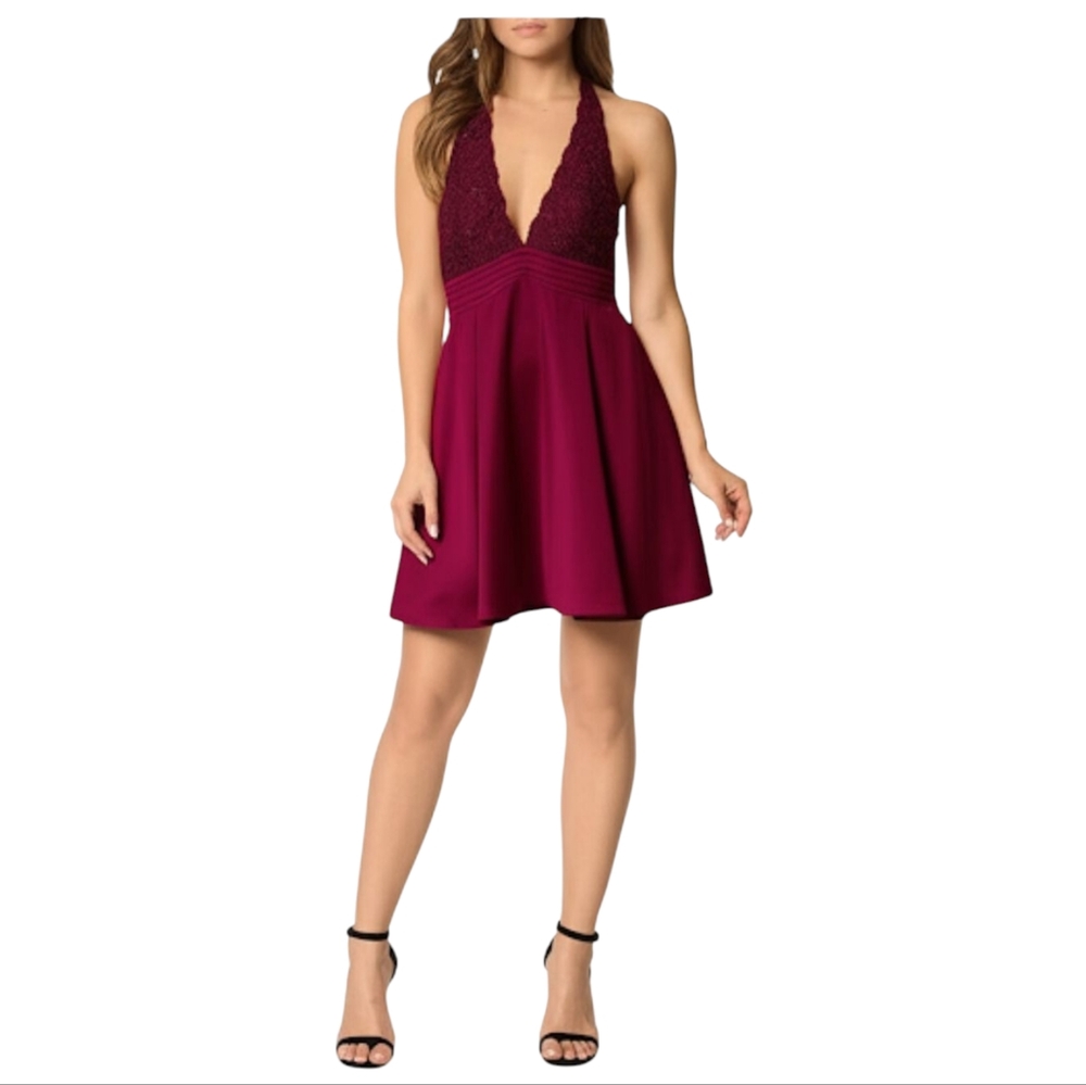 Barami Burgandy Halter Silk & Lace Slip Dress Tulle Underlay Sze M EUC Party